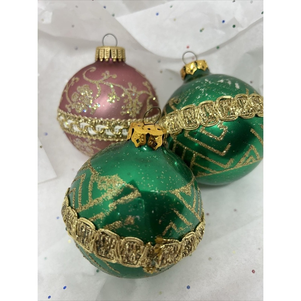 3 Vtg. W. Germany Krebs Christmas Ornaments Glass Balls Green Rose Goldβ